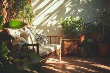 Cozy Garden Lounge with Rustic Outdoor Furniture on a Countryside Patio Surrounded by Lush Greenery