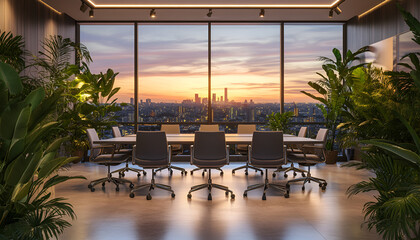 Modern office conference room with plants and city view at dusk