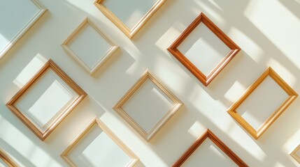 Fototapeta premium Empty wooden picture frames arranged on a sunlit wall create a minimalist artistic display in a bright gallery space