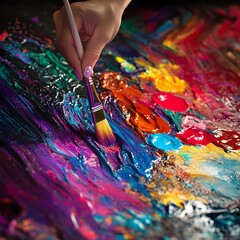 Fototapeta premium Vibrant Abstract Painting Process with Brush and Colorful Swirls