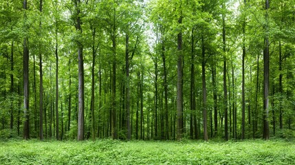 Lush green forest canopy, tranquil woodland scene, ideal for nature background
