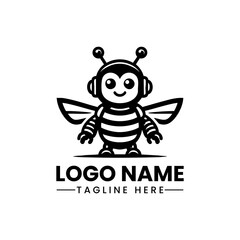 Minimalist Bee Robot Logo  Black Vector Design on White Background  Futuristic Tech-Inspired Mascot