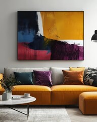 Detailed 3D Render View of an Artistic Painting Displayed in a Stylish Living Room