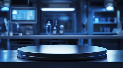 Dark blue circular platform on a metallic surface in a futuristic lab setting.