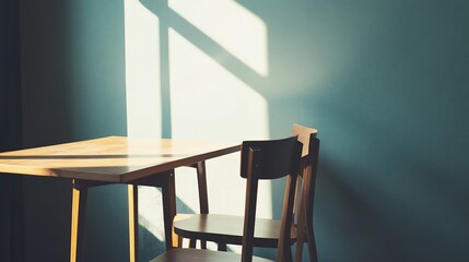 Sunlight streams through a window, illuminating a small wooden table and chair against a teal wall.