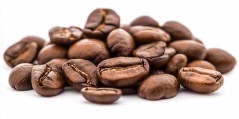 Fototapeta premium Roasted coffee beans closeup, white background. Food packaging