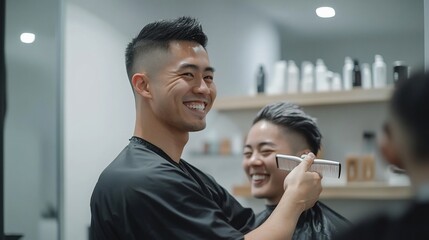 Happy young Asian man barber styling hair of smiling client in salon.