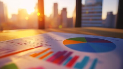 Financial charts and graphs on desk with city sunrise background.