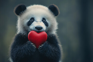 Obraz premium Panda bear holding a heart symbolizing cute love and wildlife in a fluffy adorable nature setting