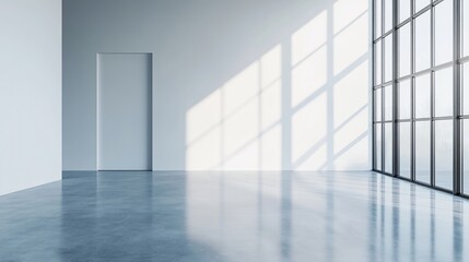 Fototapeta premium Minimalist empty room with large window and sunlight streaming in, showcasing polished concrete floor and simple white walls.