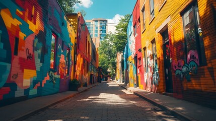 Naklejka premium Vibrant urban alleyway adorned with expressive graffiti art and colorful hues
