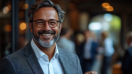 Obraz premium Businessman standing in a modern office holding a briefcase and smiling confidently while showing his work to a manager