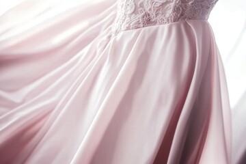 A delicate pink gown drapes beautifully as sunlight filters through, accentuating the intricate lace details at the bodice. Generative AI