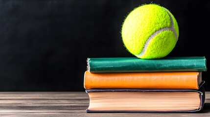 Bright Yellow Tennis Ball Balanced on Colorful Stack of Books