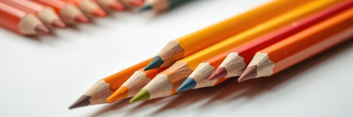 Obraz premium Close-up view of a collection of colored pencils on a crisp white surface, highlighting individual shades and textures, tactile details, hue samples, stationery selection