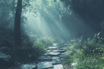 Misty forest path, sun rays, stone steps, nature background, fantasy game design