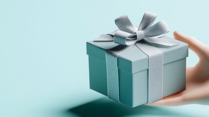 Fototapeta premium A hand offers a light teal gift box with a silver ribbon.