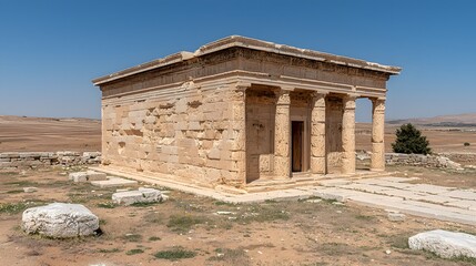 Obraz premium Ancient Stone Structure with Columns in Arid Landscape Under Blue Sky