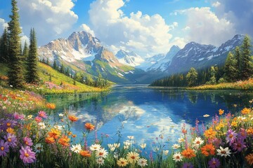 Serene mountain lake, wildflowers, sunny day, calm reflection, nature landscape