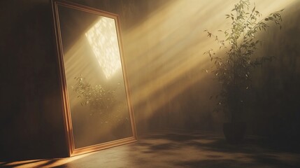 Sunlit room with mirror reflecting plants and light beams.