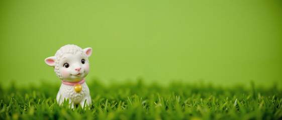 Cute white lamb figurine with a pink collar displaying a cheerful expression, set against a vibrant green grass background, symbolizing springtime joy