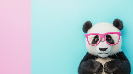 Fototapeta premium Cute panda wearing glasses on blue pastel background with pink flair, adorable animal portrait