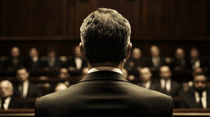Fototapeta premium Powerful speech delivered in a courtroom filled with attentive jurors during a high-stakes trial