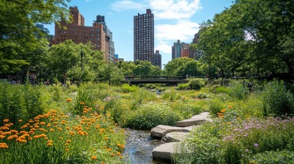 Serene Urban Oasis: Blooming Flowers and City Skyline in Harmony