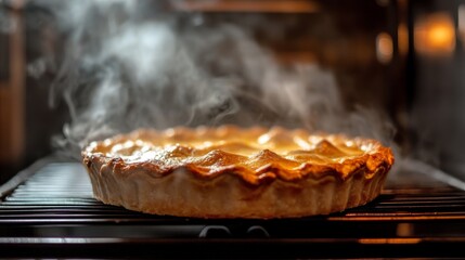 Freshly baked pie cooling in the oven with steam rising, capturing the essence of homemade desserts in the kitchen