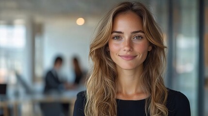 Fototapeta premium Businesswoman holding a folder smiling confidently in a modern office with her colleagues working on computers in the background