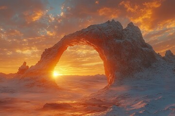 Snowy arch rock sunset landscape; fantasy art