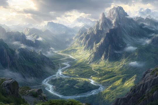 Majestic mountain river valley sunrise; fantasy landscape, game background