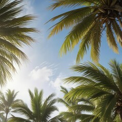 Coconut palm fronds blowing away as a strong gust of wind passes by, dark grey sky, green leaves
