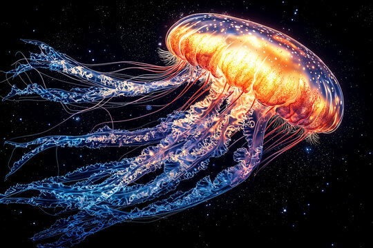 A bright iridescent jellyfish floats gracefully on a deep black background. Its translucent body glows with a spectrum of colors. 