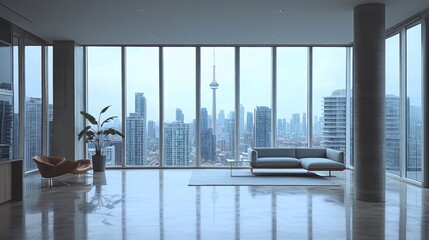 Serene penthouse living with panoramic city view and modern aesthetic