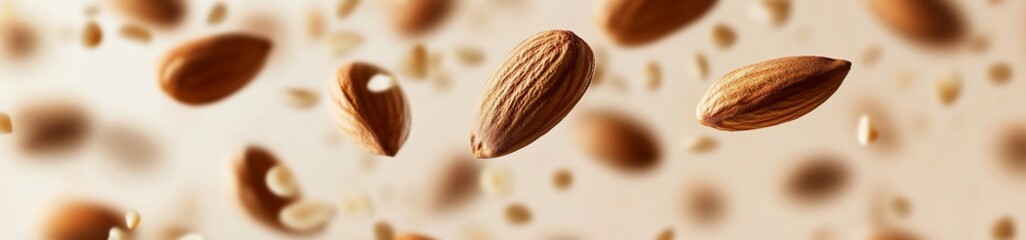 Fototapeta premium Close-up of almonds falling against a light brown background.