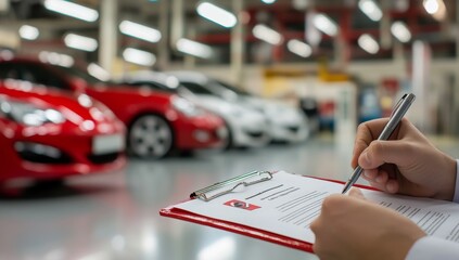 Auto Salesperson Signing Documents in Car Dealership
