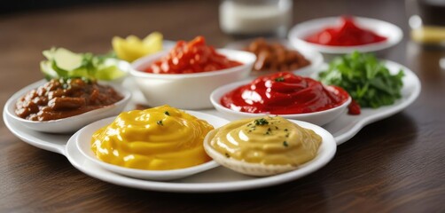Colorful array of condiments on a plate with background blur, hot mustard, food accompaniments