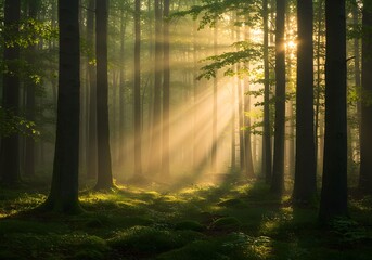 Fototapeta premium Sunlight Filters Through Dense Trees, Illuminating The Tranquil Forest Scene