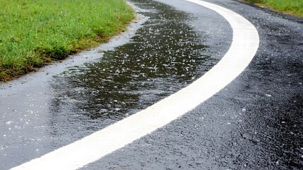 Obraz premium Curved Pathway Paved with Rainwater and Lush Green Grass Edges