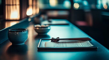 Empty Asian restaurant table set for two, with chopsticks, bowls, and menu.