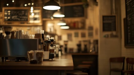 A cozy coffee shop interior with warm lighting and a wooden counter.