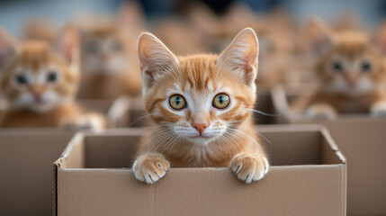 Finding homes for dogs and cats, A curious orange kitten peeks out from a cardboard box surrounded by more kittens.