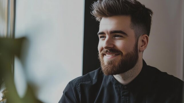 Young man with a beard smiling while sitting near a window during daylight in a modern interior space