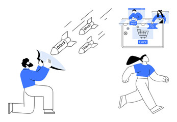 Person kneeling with shield protecting from incoming DDoS missiles while another person manages e-commerce transactions. Ideal for cybersecurity, defense strategies, e-commerce protection. Line