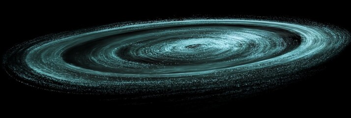 Teal spiral galaxy in dark space.