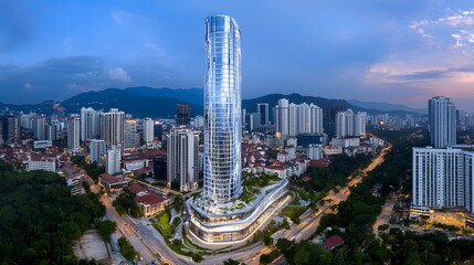 Fototapeta premium Modern Skyscraper in Urban Landscape with Sunset Sky Background