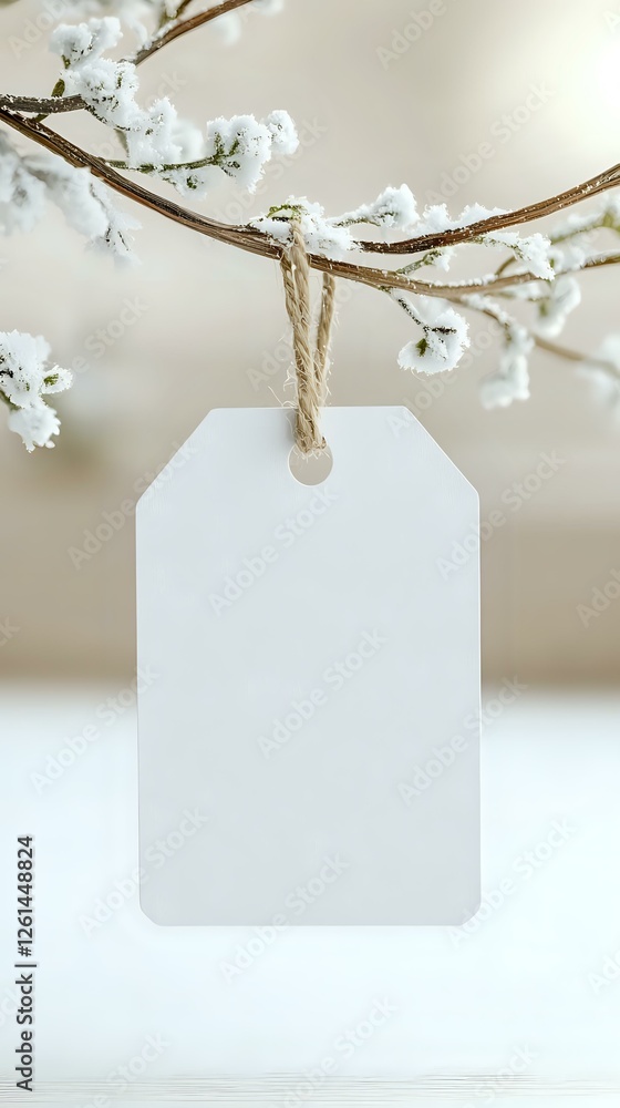 Poster blank white paper tag hanging on snowy winter branch with twine string, soft neutral background for 