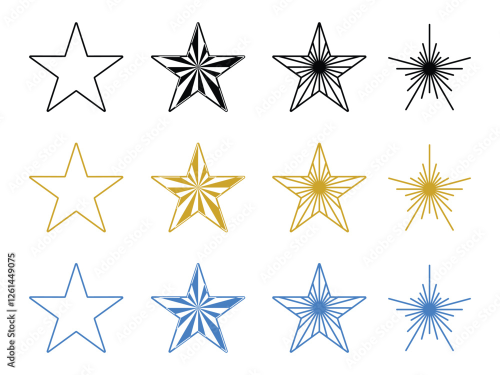 Poster set of editable linear star shapes symbol design illustration isolated on transparent background