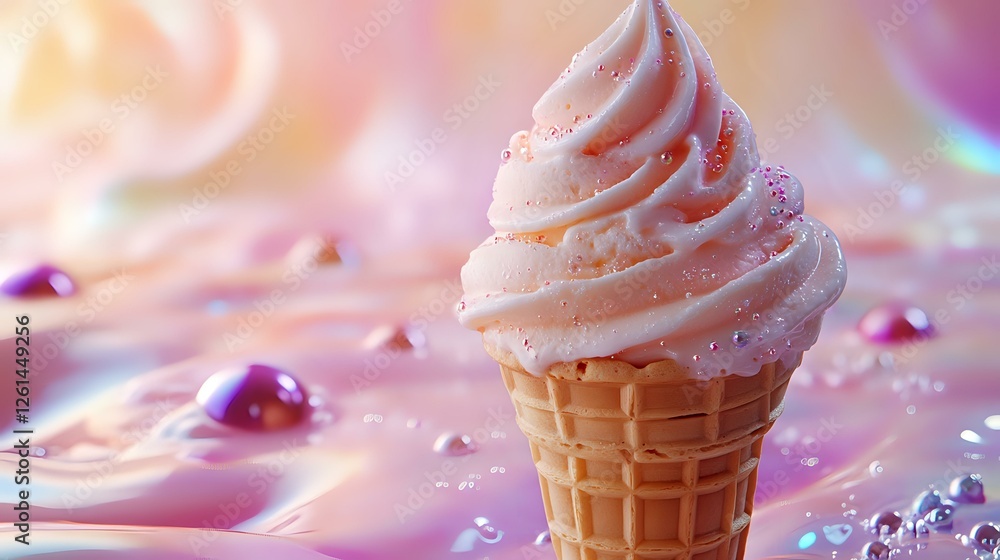 Poster soft serve ice cream in waffle cone with pink swirls against dreamy pastel background with water dro